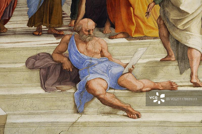 米开朗基罗肖像，细节来自拉斐尔《雅典学院》，签字厅，梵蒂冈博物馆，罗马，意大利，欧洲图片素材