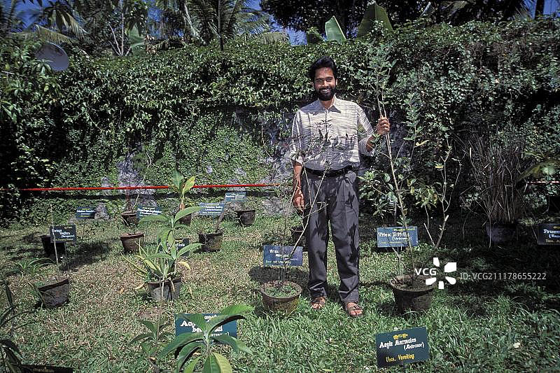 印度喀拉拉邦特卡迪的阿育吠陀医生在他的草药园里图片素材