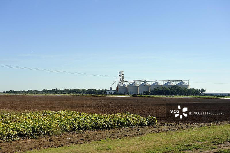 田野、种植园、大豆单一作物、用于大豆储存的粮仓，阿根廷福尔摩沙省，南美洲图片素材