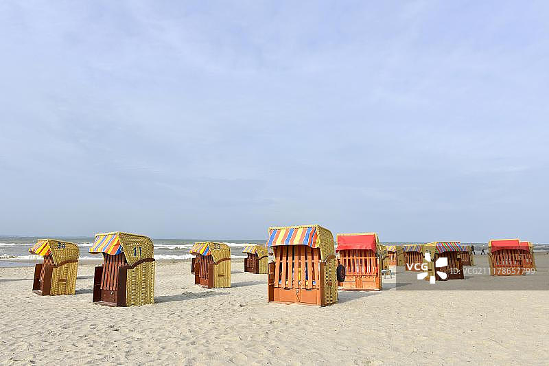 尼恩多夫波罗的海海滩上的带顶棚柳条沙滩椅，德国石勒苏益格-荷尔斯泰因州，欧洲图片素材