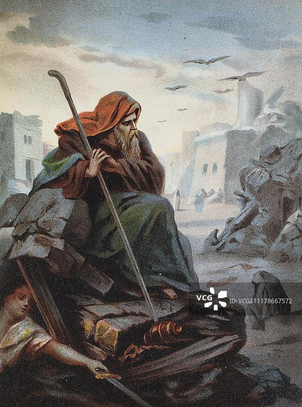 耶利米：旧约中的伟大诗人，1870年家庭圣经的彩色石印画图片素材