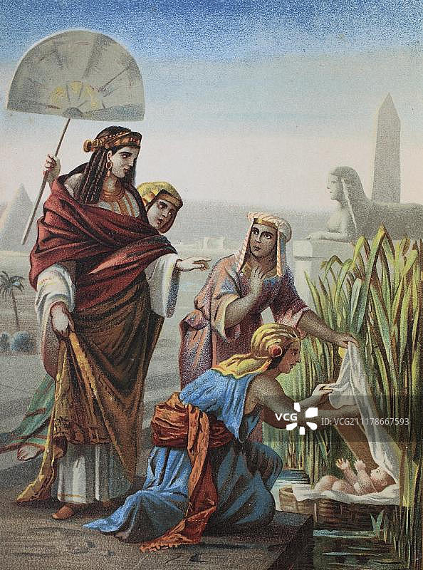 家庭圣经中的摩西弃婴彩色石印画，1870年图片素材