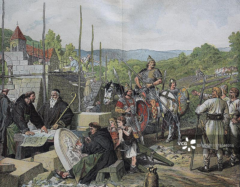 在异教徒的土地上建造教堂（1880年历史石版画）图片素材