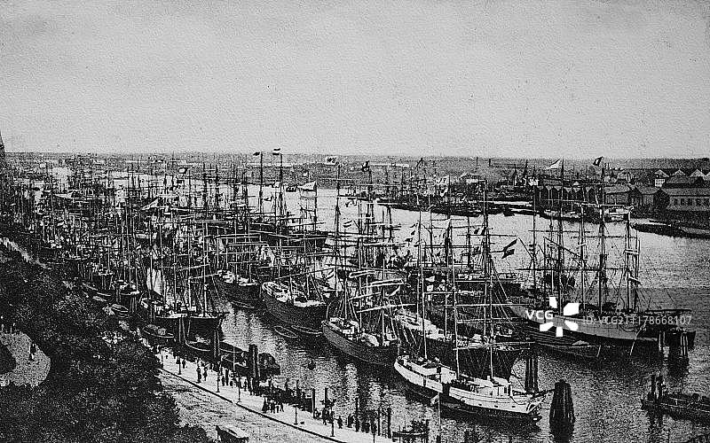 德国汉堡古老港口1899年历史照片图片素材