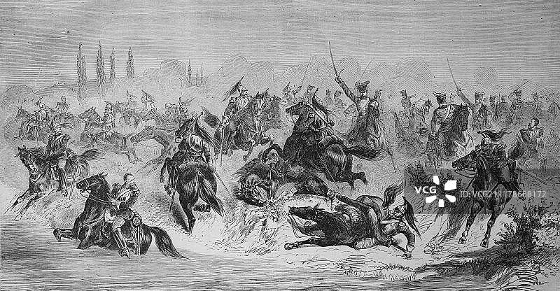 1870-1871年普鲁士第13骠骑兵团在博蒙特附近袭击法国胸甲骑兵图片素材