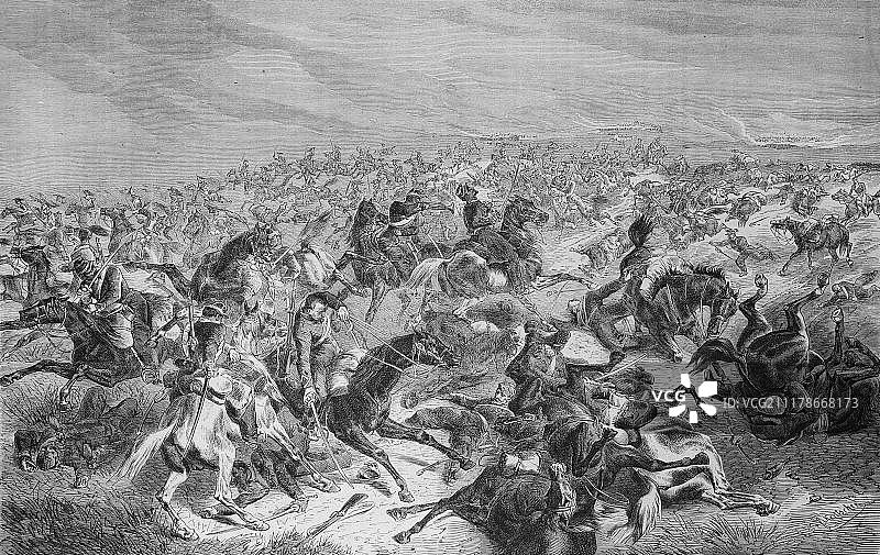 色当战役中普鲁士向法国骑兵的快速射击，《图解战争编年史》1870-1871年，德法战役图片素材