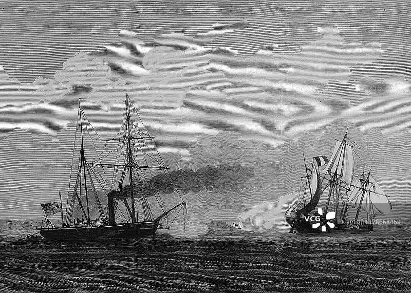 德国炮艇流星号和法国军舰布韦号之间的哈瓦那战役图片素材