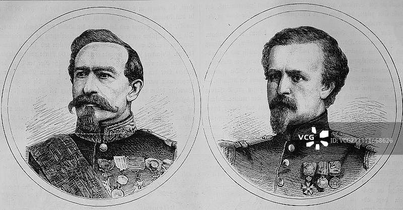 法国将军查尔斯·丹尼斯·布尔巴基(1816-1897)和法国上校皮埃尔·马里·菲利普·阿里斯蒂德·丹费尔-罗什洛(1823-1878)，德法战役图片素材