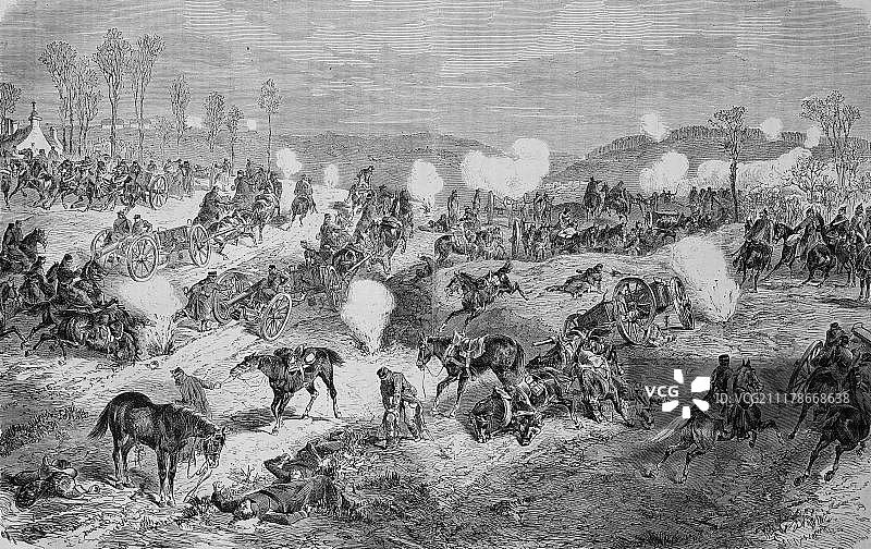 维利耶附近高地的符腾堡炮兵，《图解战争史》1870-1871，德法战役图片素材