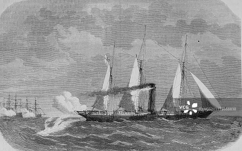 德国格里尔号游艇在希登塞海战初期，波罗的海，德国，1870年8月17日，历史插图图片素材