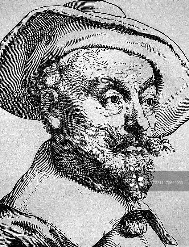 三十年战争中的阿尔布雷cht·温泽尔·尤西比乌斯·冯·华伦斯坦公爵，1583-1634年历史肖像插画图片素材