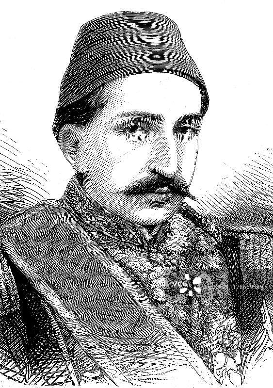 阿卜杜勒·哈米德二世，1842 - 1918年，奥斯曼帝国苏丹，历史插图，1877年图片素材