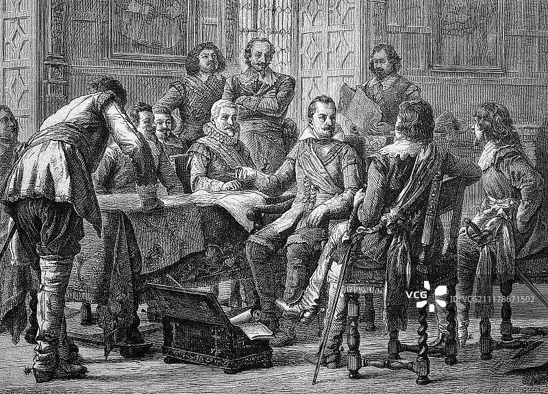 瓦伦斯坦和蒂利伯爵商议，1886年历史插图图片素材