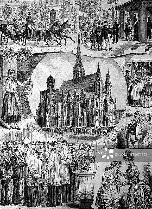1886年欧洲维也纳的圣灵降临节历史插图图片素材