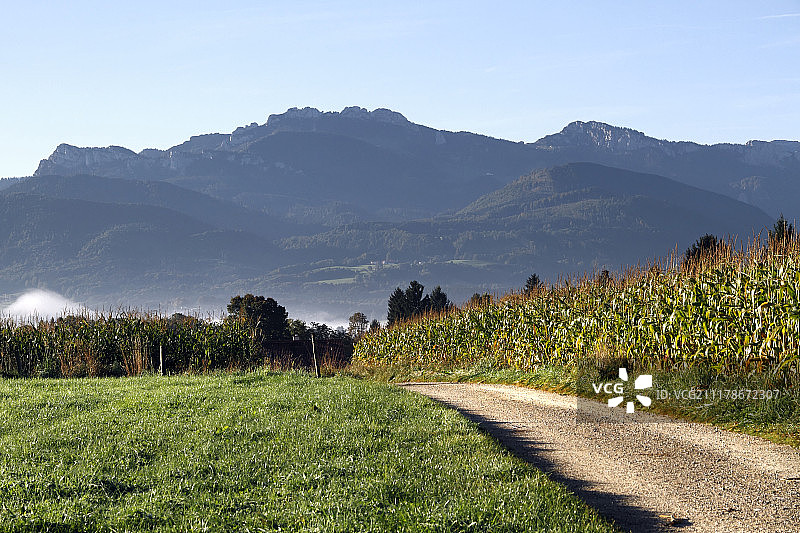 从德国上巴伐利亚州普里恩的埃恩斯多夫看Kampenwand山图片素材