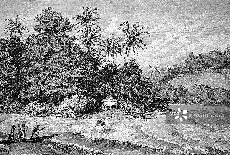 新几内亚的港口和海滩（1880年历史雕刻）图片素材