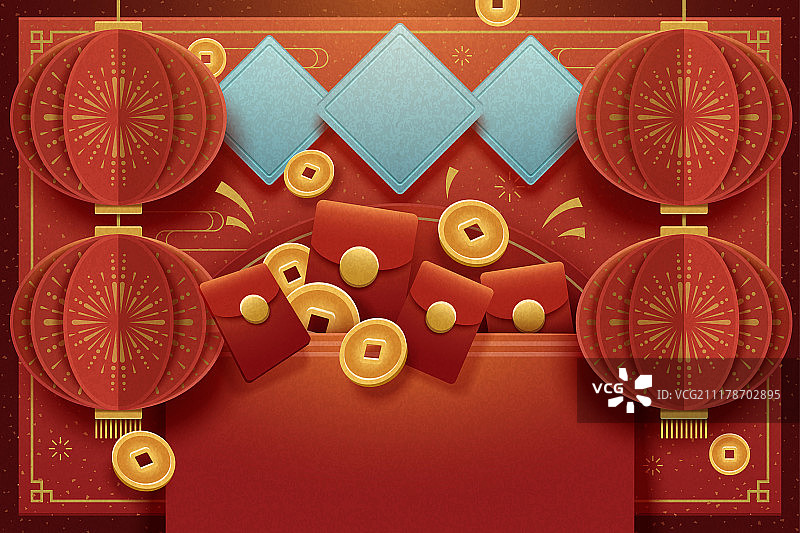 压岁钱与红灯笼新年贺卡图片素材