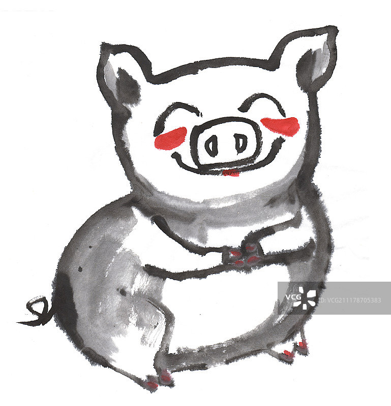 中国画儿童插画抱着肚子的猪图片素材