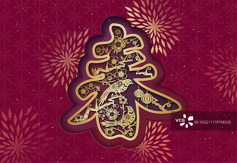 中国新年春字剪纸风贺卡图片素材