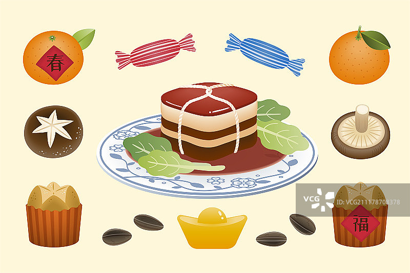 东坡肉与过年小点手绘插图图片素材