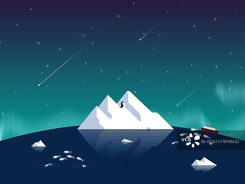 风景插画极光冰山企鹅图片素材