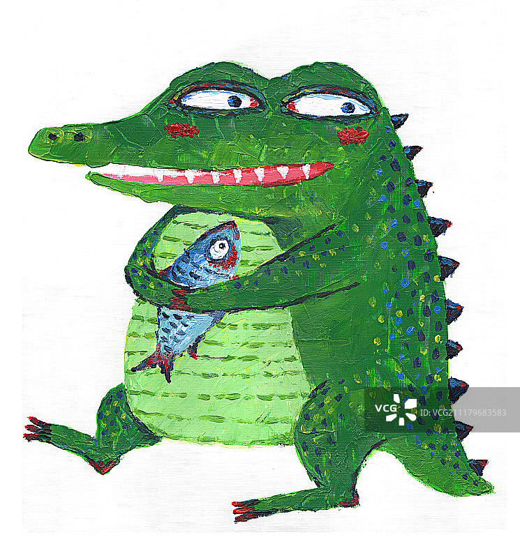 丙烯绘画儿童插画抱着鱼走路的鳄鱼图片素材