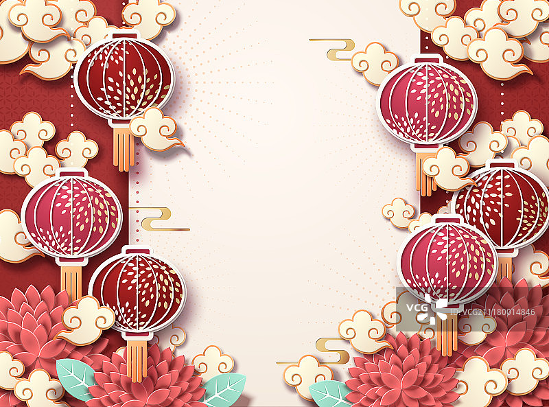 剪纸风灯笼与祥云装饰背景图片素材
