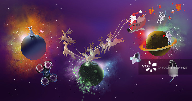 圣诞老人飞跃宇宙送礼物图片素材