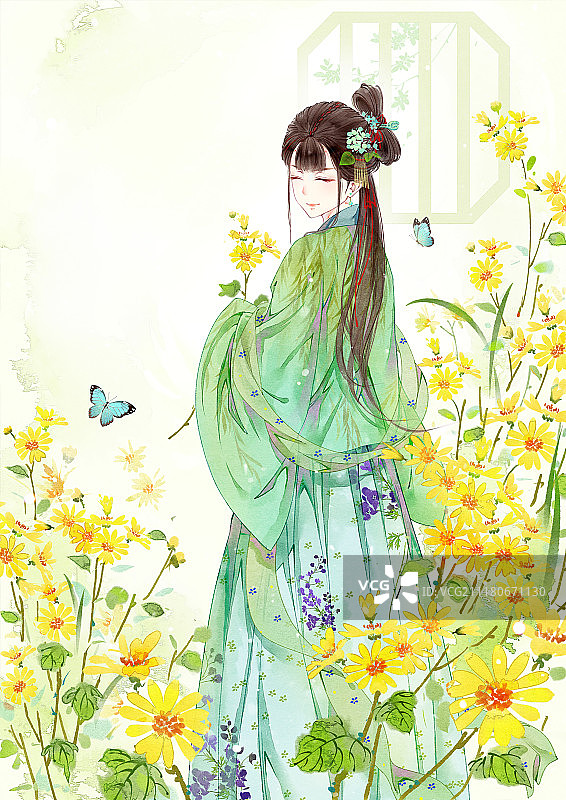 绿衣古风美女图片素材