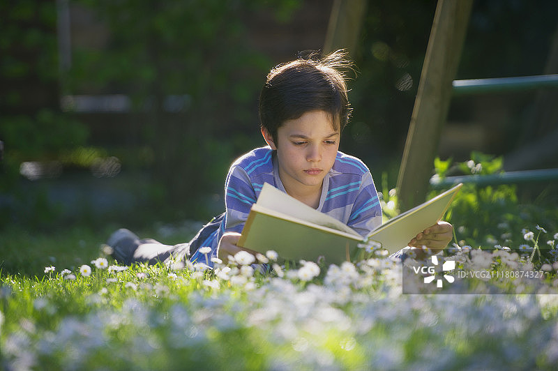 小男孩躺在草地上看书图片素材