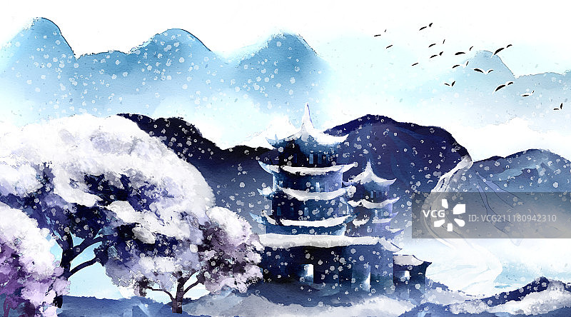 水彩水墨古风风景系列图片素材