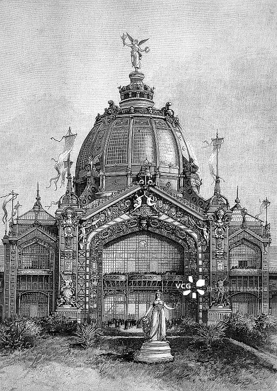 巴黎展览中心穹顶，法国巴黎，历史雕刻，1888年，欧洲图片素材