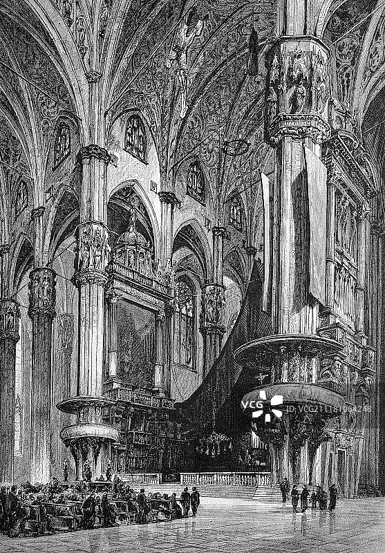 意大利米兰大教堂，1888年历史雕刻，欧洲图片素材