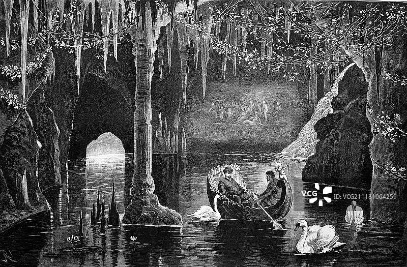 德国巴伐利亚林德霍夫城堡的蓝色石窟，历史雕刻，1888年，欧洲图片素材