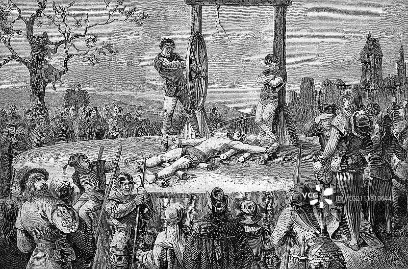 车轮刑处决死刑，历史插图，木刻，约1888年图片素材