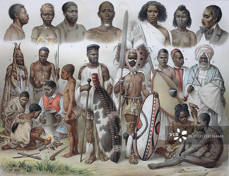 非洲的民族:1阿散蒂,洛安哥的女人,2 3喀麦隆、4巴鲁巴人,5索马里,6阿比西尼亚的女人,7 Howa 8赫雷罗人女人,9万博人,10 Akka, 11个祖鲁语,12马赛,13从乌干达Wagranda 14 Darfurian 15 Haussanian 16布须曼人,17岁的布须曼人的女人,18 Nama或纳马族人,19 Niam 20丁卡人,历史插图,木头雕刻,大约在1888年图片素材