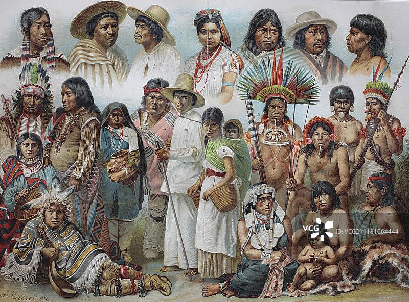 美洲民族：拉布拉多因纽特女人、墨西哥人、厄瓜多尔印第安人等，1888年历史插图图片素材