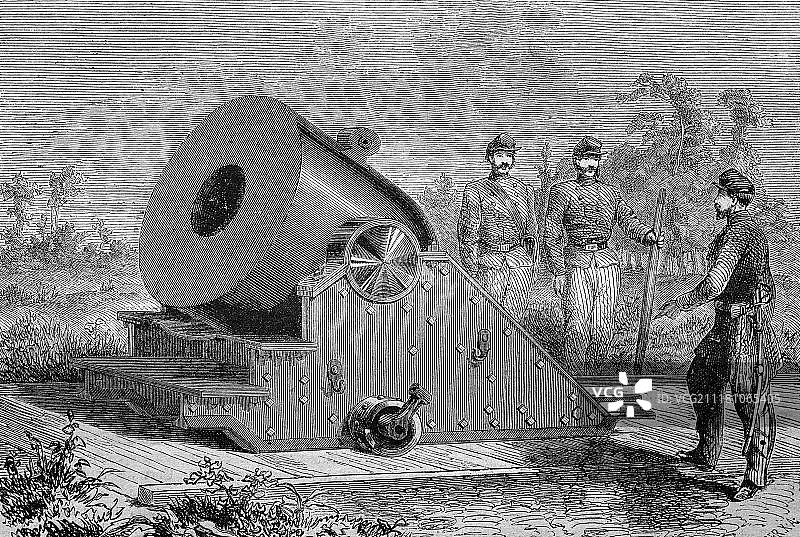 巨型迫击炮：1888年美国发明的历史木刻炮图片素材
