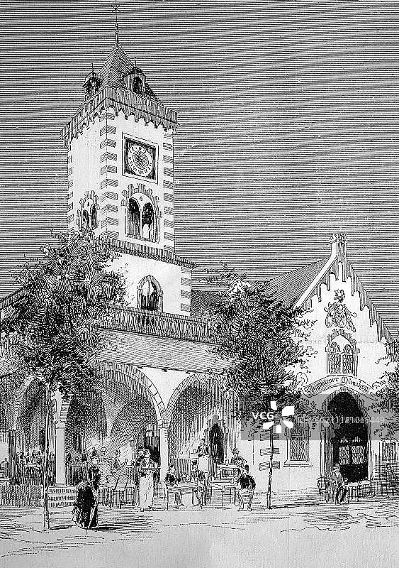 慕尼黑奥古斯丁教堂，在布鲁塞尔世界博览会上重建，比利时，1888年历史木刻图片素材