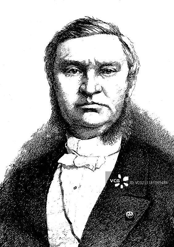 奥古斯特·玛丽·弗朗索瓦·贝尔纳特，1829-1912年，比利时律师和政治家，因担任海牙国际仲裁法院成员及解决国际争端的努力而于1909年获得诺贝尔和平奖，历史木刻版画，约1888年图片素材