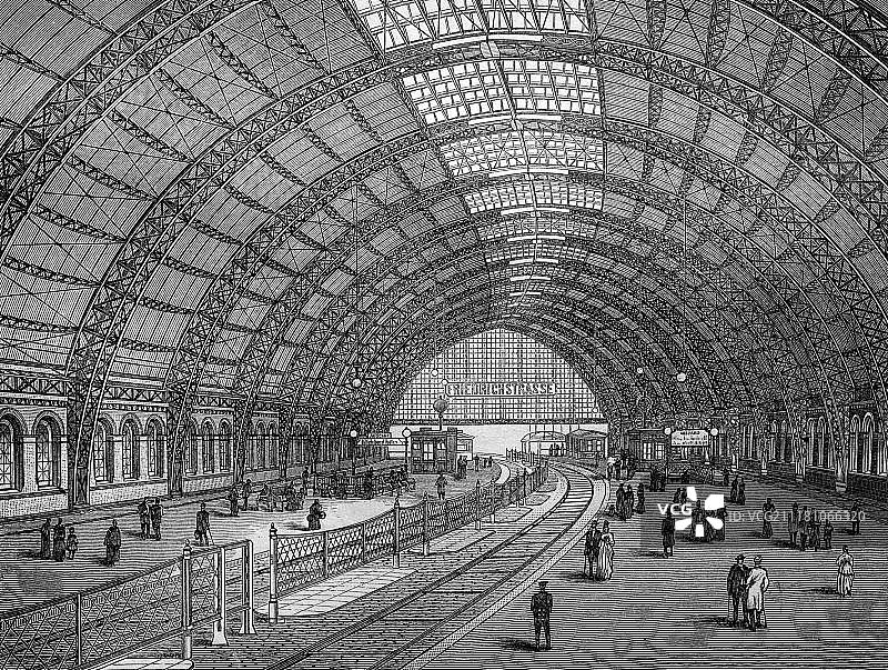 柏林腓特烈大街车站屋顶建造，1890年历史木刻版画图片素材