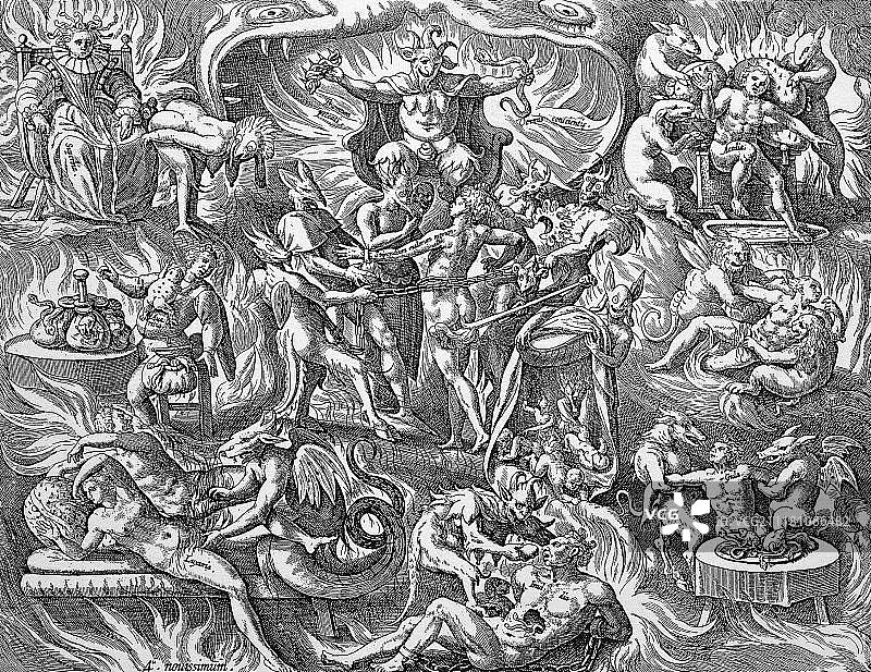 地狱的苦难与恐怖，马丁·德·沃斯铜版画，约1750年图片素材