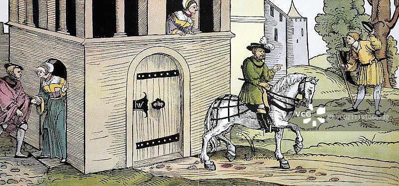 不忠的女人，纽伦堡大师的木刻，16世纪图片素材