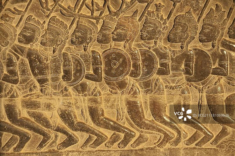 吴哥窟高棉寺庙战争士兵浮雕，暹粒，柬埔寨图片素材