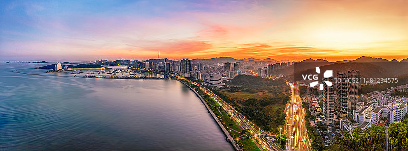 珠海大剧院日落火烧云晚霞航拍图片素材