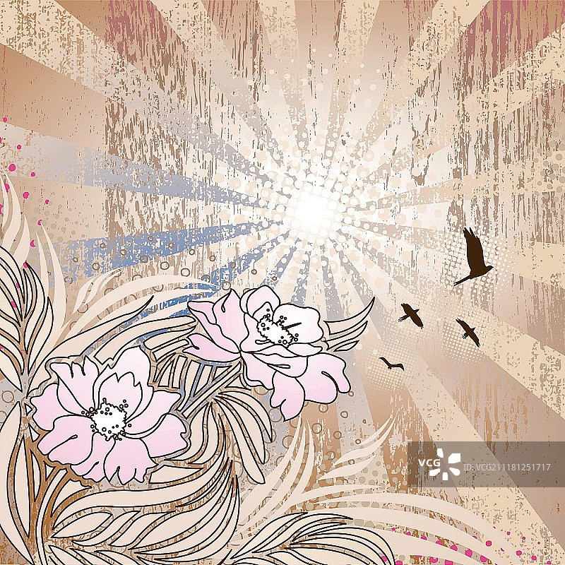 精细背景上的花卉蚀刻图案，所有元素都位于单独的图层上，易于编辑图片素材