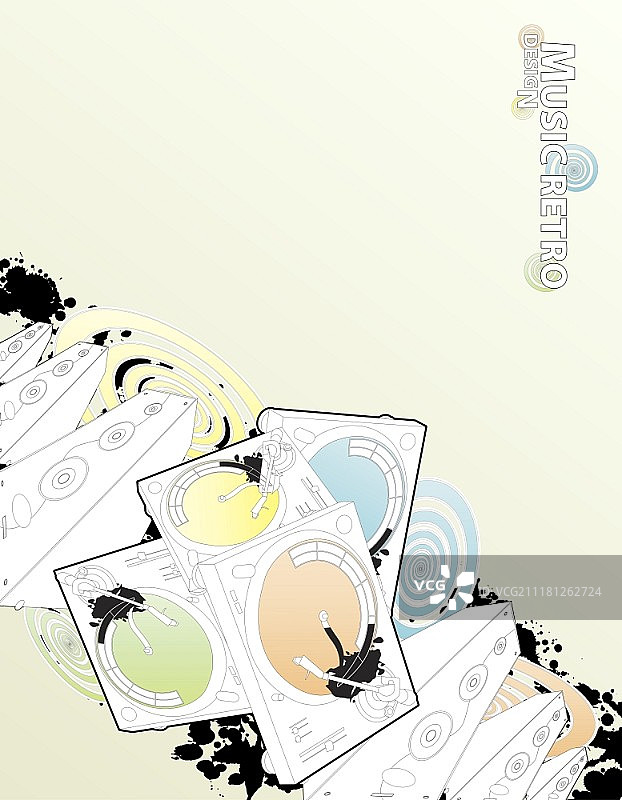 风格化转盘和炫酷音箱矢量插画，淡雅柔和的色彩与彩虹螺旋图片素材