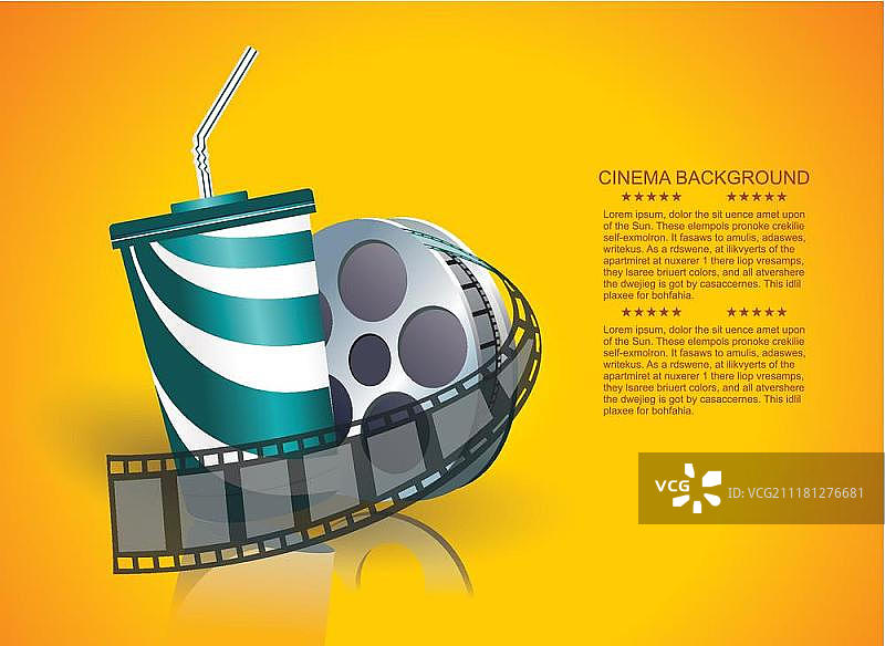 电影时间矢量海报设计模板：胶片和一次性杯子，电影院概念设计矢量插图图片素材