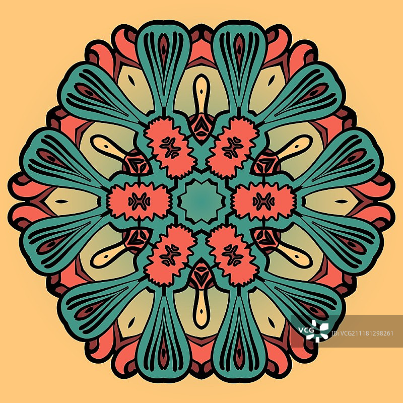 黄色图案上的曼陀罗花朵设计：圆形印度花边装饰复古元素图片素材