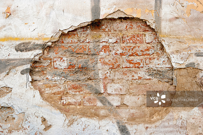 大量留白空间的粉刷风化砖墙，开裂的墙壁，老化的建筑细节，半粉刷的仿旧砖墙，留白空间图片素材